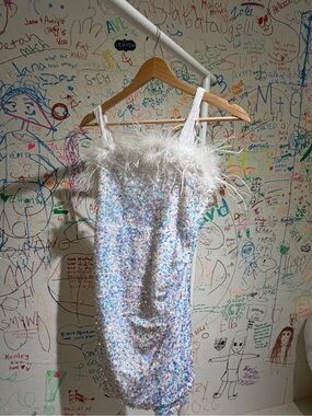 Girls White Iridescent Sequin Dress with Feather Trim